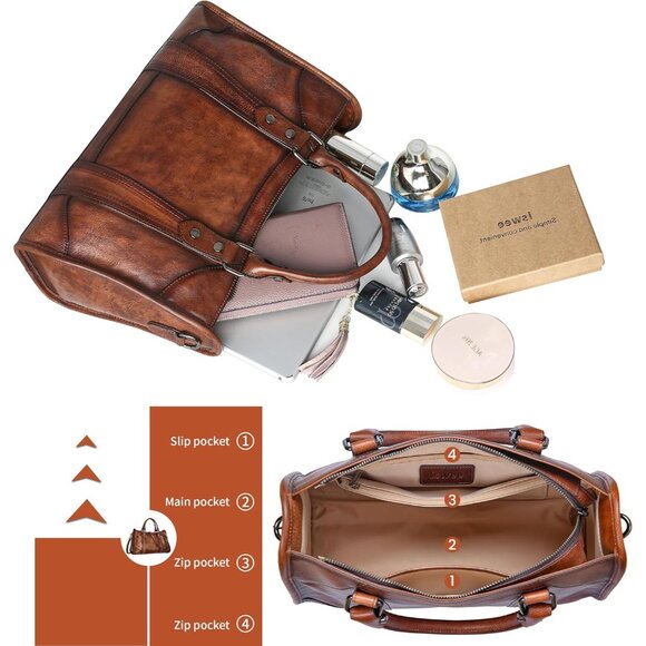 Genuine Leather Coffee Satchel Bag for Women, Vintage Crossbody & Shoulder Style - Picture 7 of 7